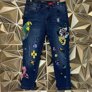 Christina Dark Blue Jeans with Colorful Embroidery